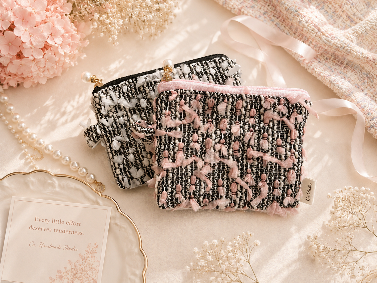 Blush Ribbon Tweed Pouch
