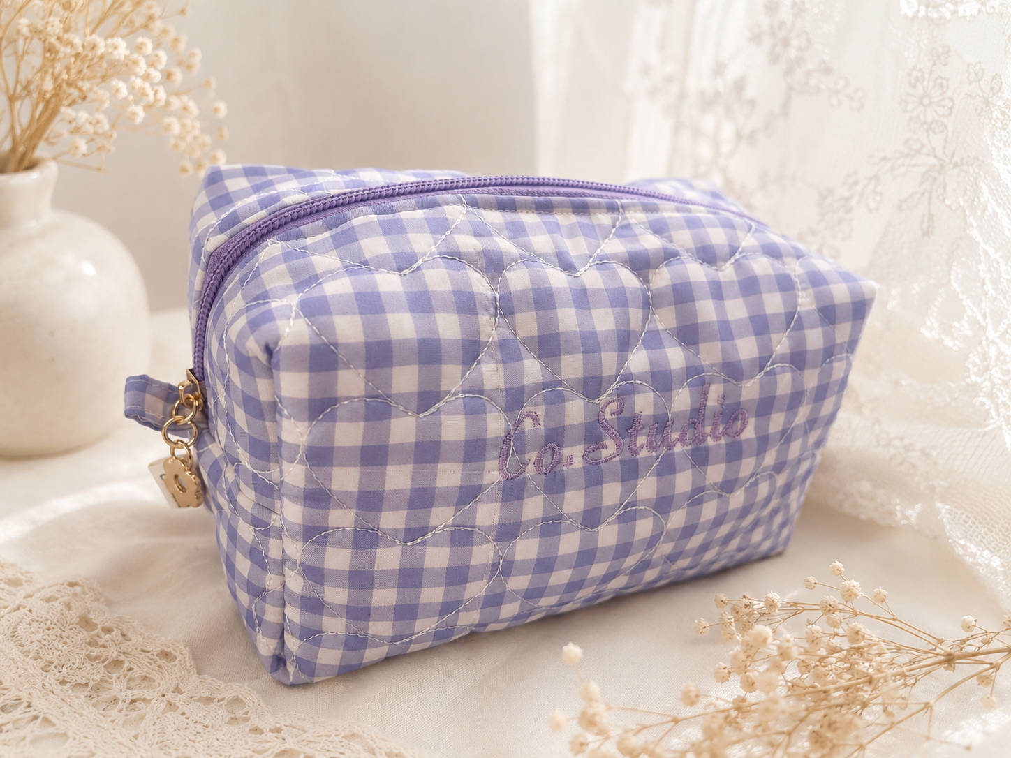 Lavender Picnic Quilted Cosmetic Pouch | Personalized Handmade Makeup Bag