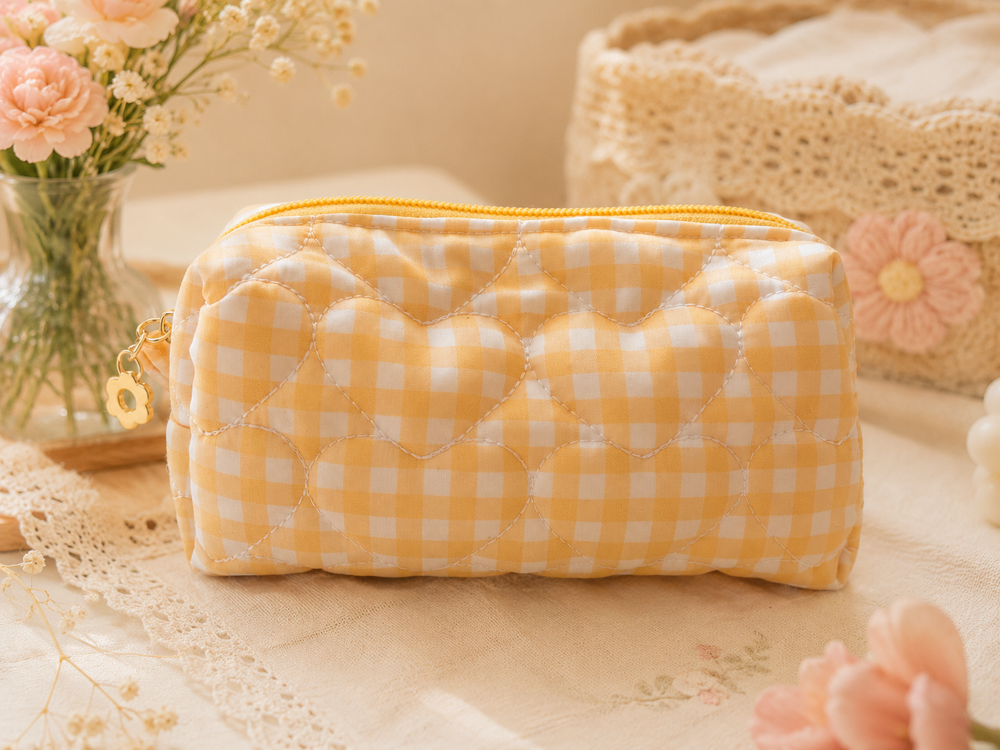 Sunny Gingham Quilted Makeup Bag