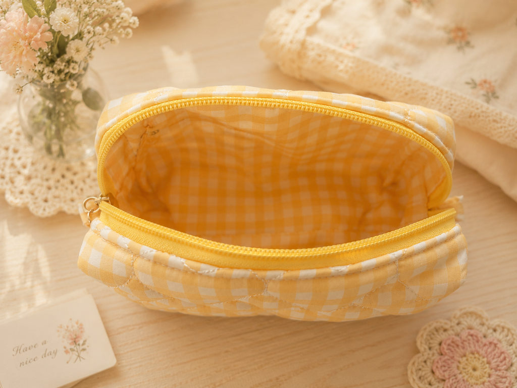 Sunny Gingham Quilted Makeup Bag